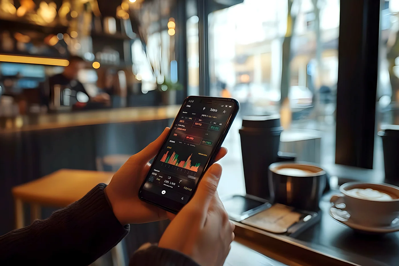 Foto af en mobil, hvor skærmen viser noget fra et investeringsoverblik